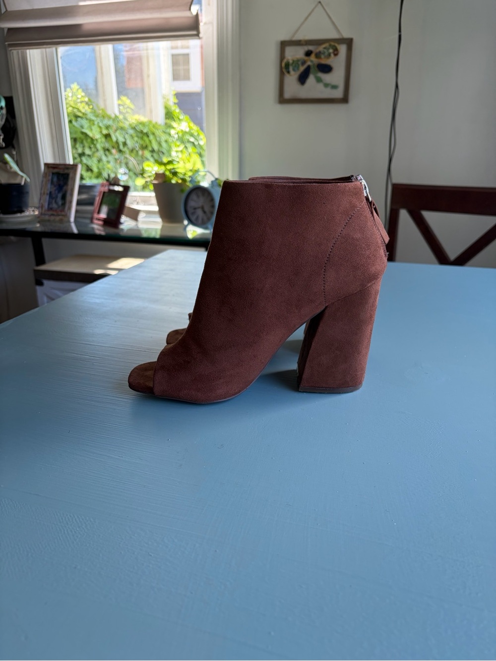 Qupid Women's Open-Toe Suede Ankle Bootie in Brown